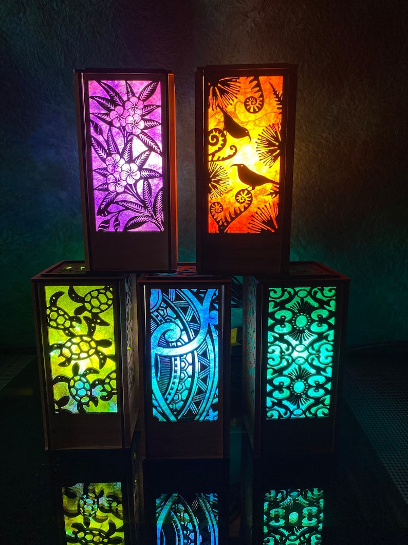 Laser cut wood desk lamp with hand-dyed mulberry paper; Maile Lei design (L38)