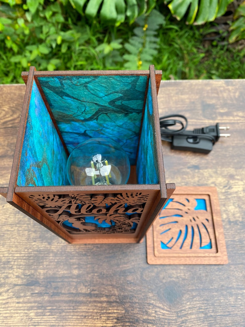 Laser cut wood desk lamp with hand-dyed mulberry paper; Aloha Hawaii design (L18)