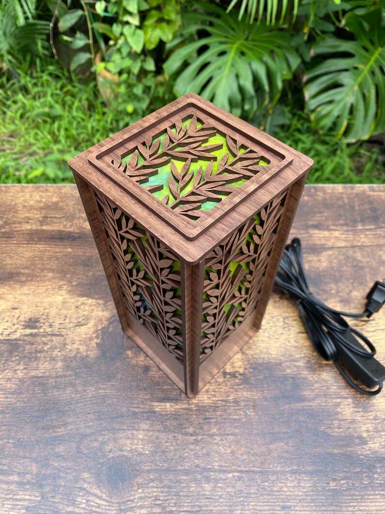 Laser cut wood desk lamp with hand-dyed mulberry paper; Maile Lei design (L38)