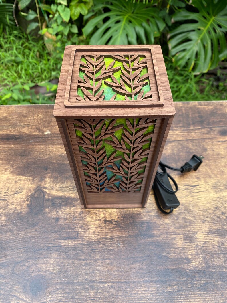 Laser cut wood desk lamp with hand-dyed mulberry paper; Maile Lei design (L38)