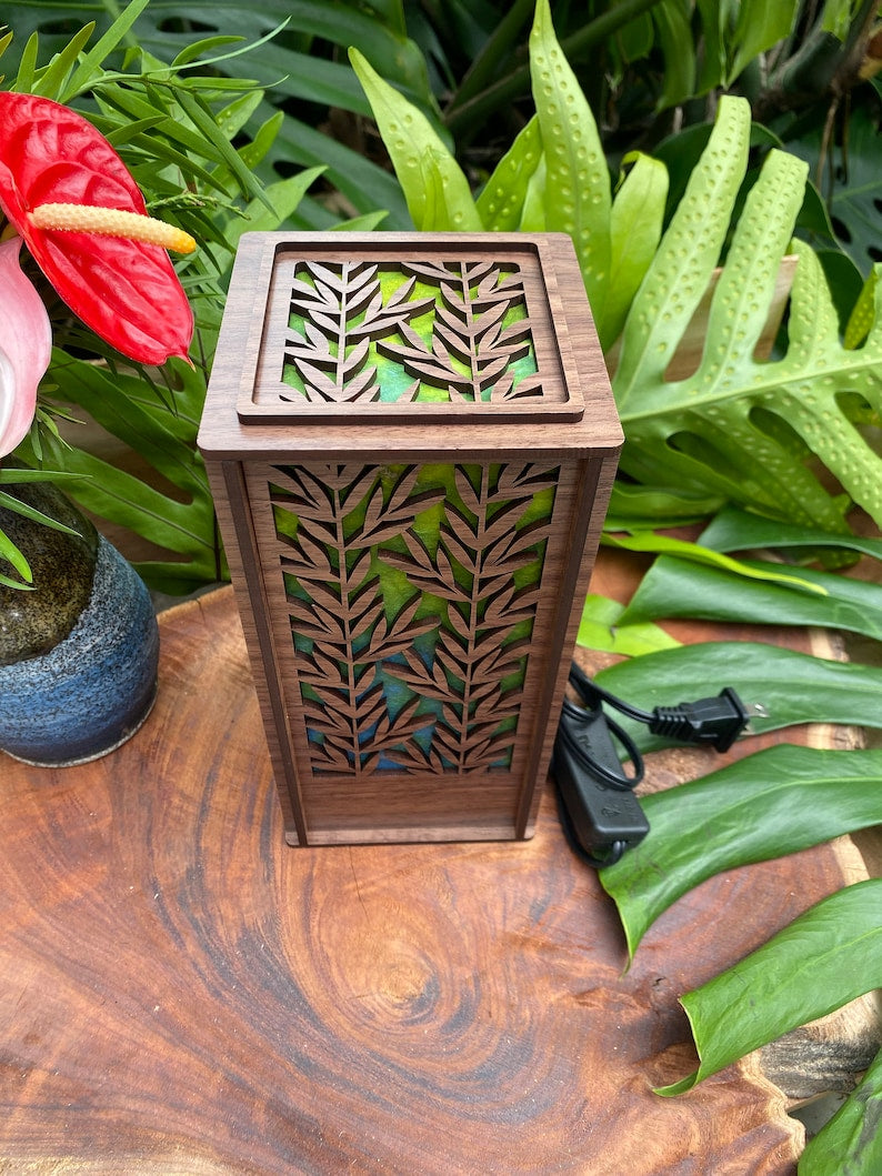 Laser cut wood desk lamp with hand-dyed mulberry paper; Maile Lei design (L38)