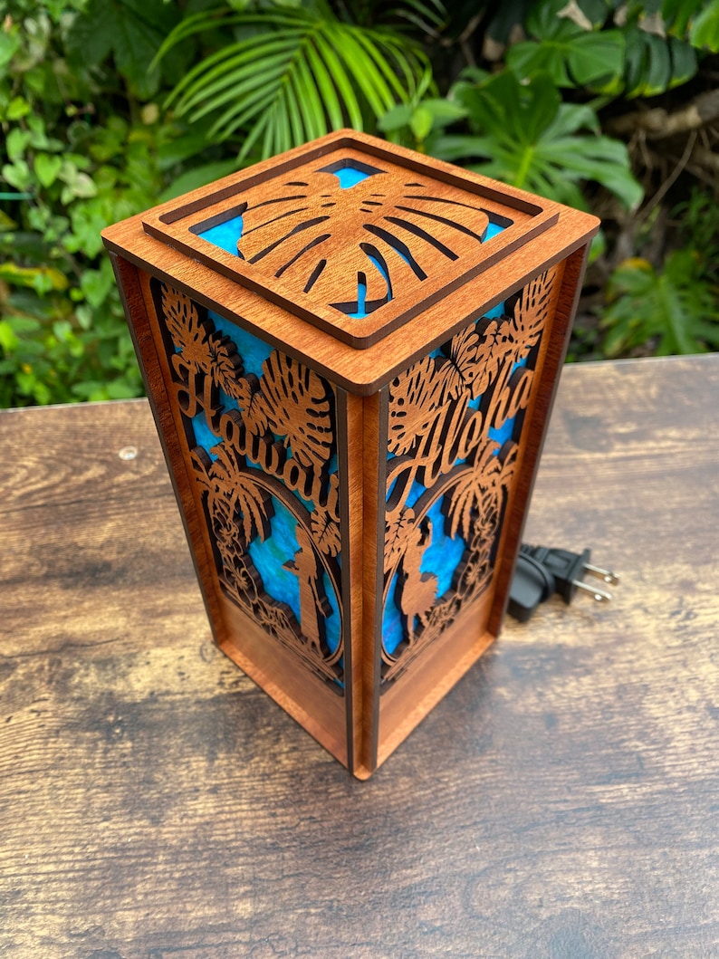 Laser cut wood desk lamp with hand-dyed mulberry paper; Aloha Hawaii design (L18)