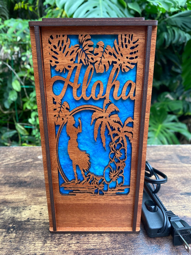 Laser cut wood desk lamp with hand-dyed mulberry paper; Aloha Hawaii design (L18)