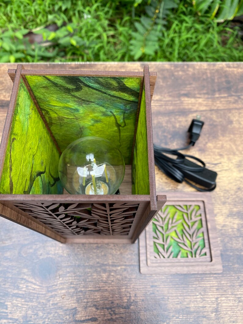 Laser cut wood desk lamp with hand-dyed mulberry paper; Maile Lei design (L38)