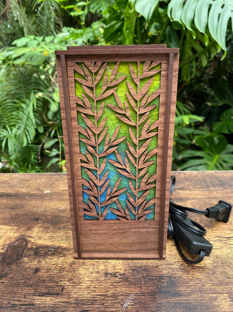 Laser cut wood desk lamp with hand-dyed mulberry paper; Maile Lei design (L38)