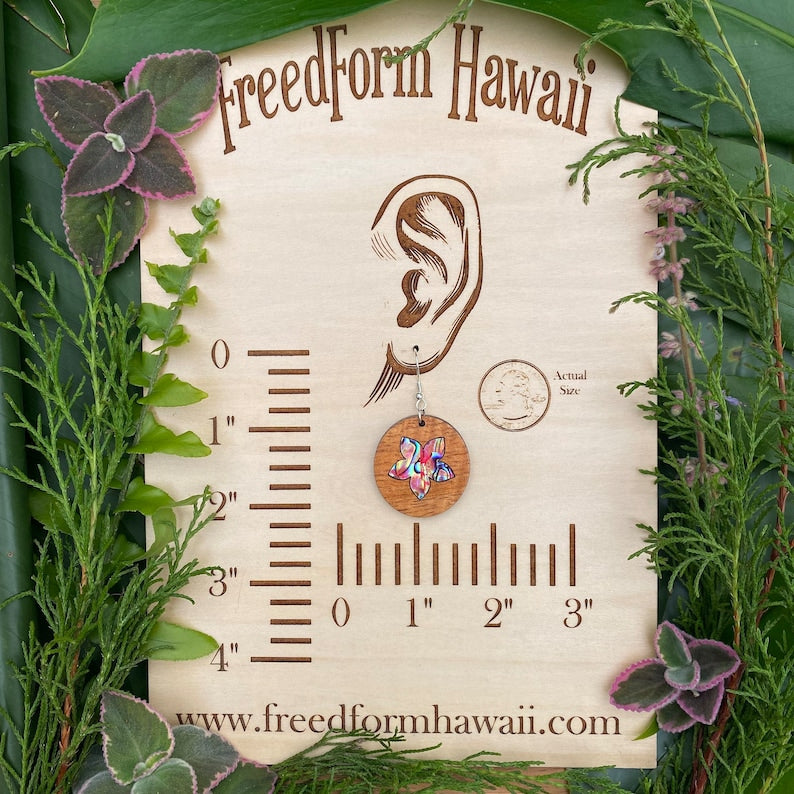 Laser cut Hawaiian Koa earrings with abalone inlay (A19)
