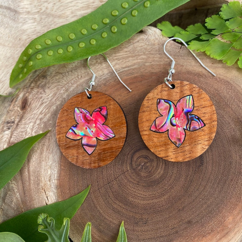 Laser cut Hawaiian Koa earrings with abalone inlay (A19)