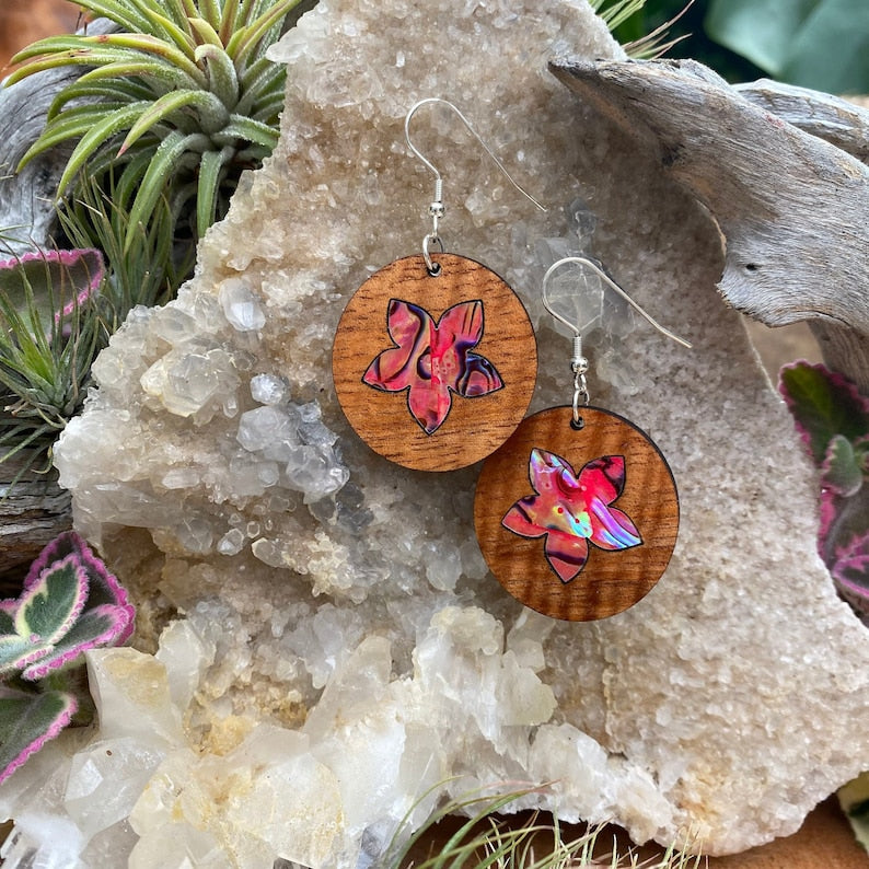 Laser cut Hawaiian Koa earrings with abalone inlay (A19)